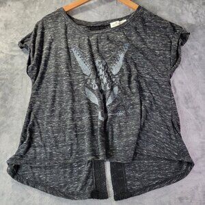 Hollister Womens Graphic Split Back Top XS/S Black‎ Gray Boho Lace Detail Casual